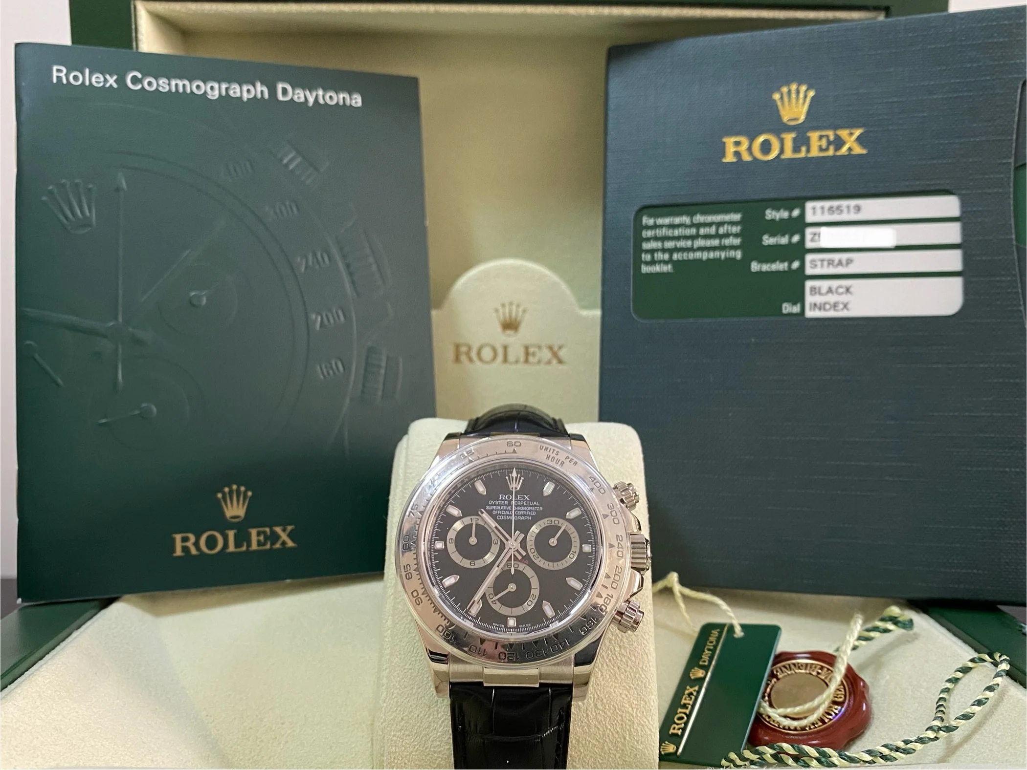 Rolex White Gold Cosmograph Daytona - 2007 - Black Dial - New Black Leather Strap - 116519 FULL SET
