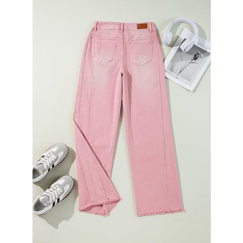Women's High Waisted Stretchy Wide Leg Raw Hem Jeans