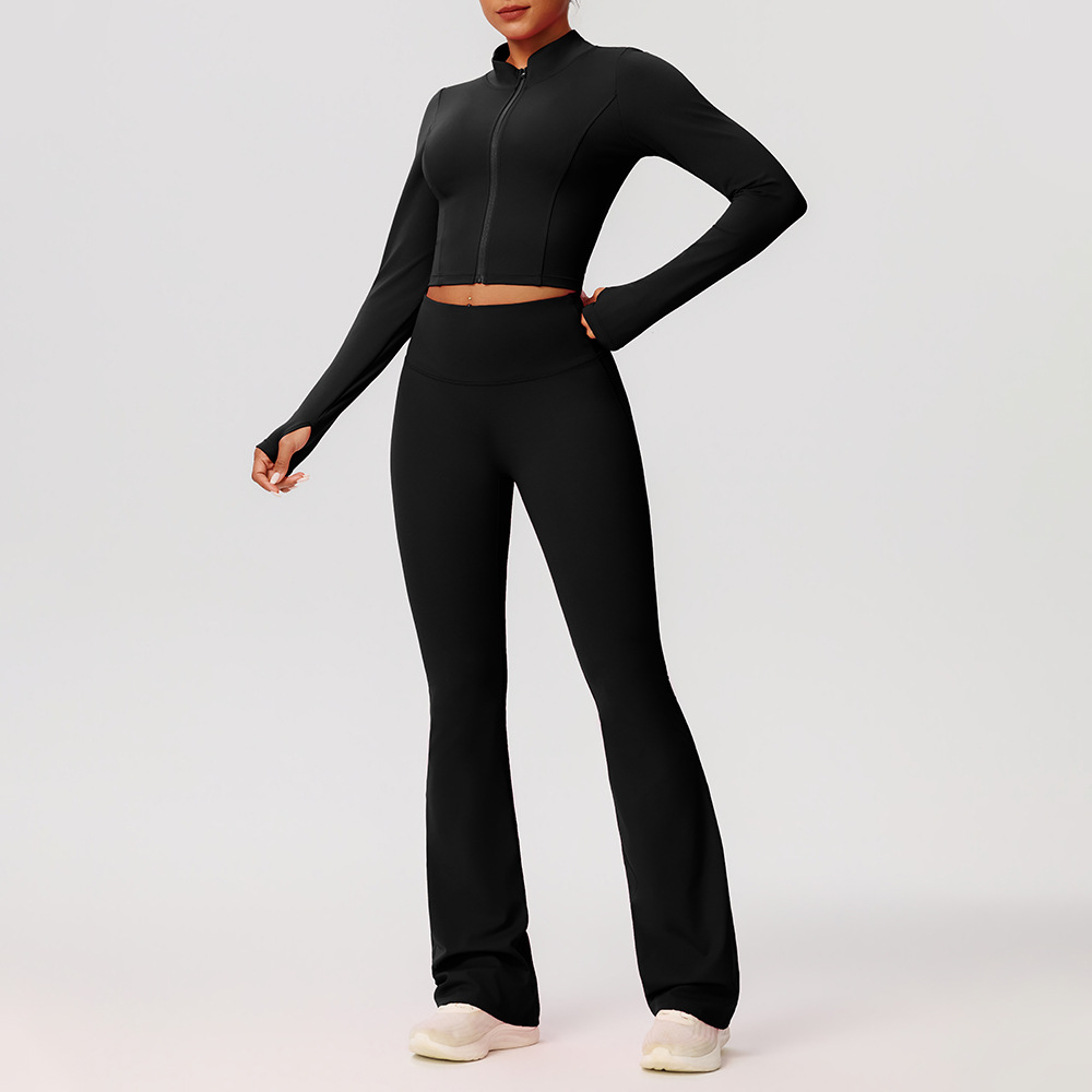 Yoga outfit set, tight-fitting zippered long-sleeved sports jacket, high-waisted peach-shaped flared yoga pants set