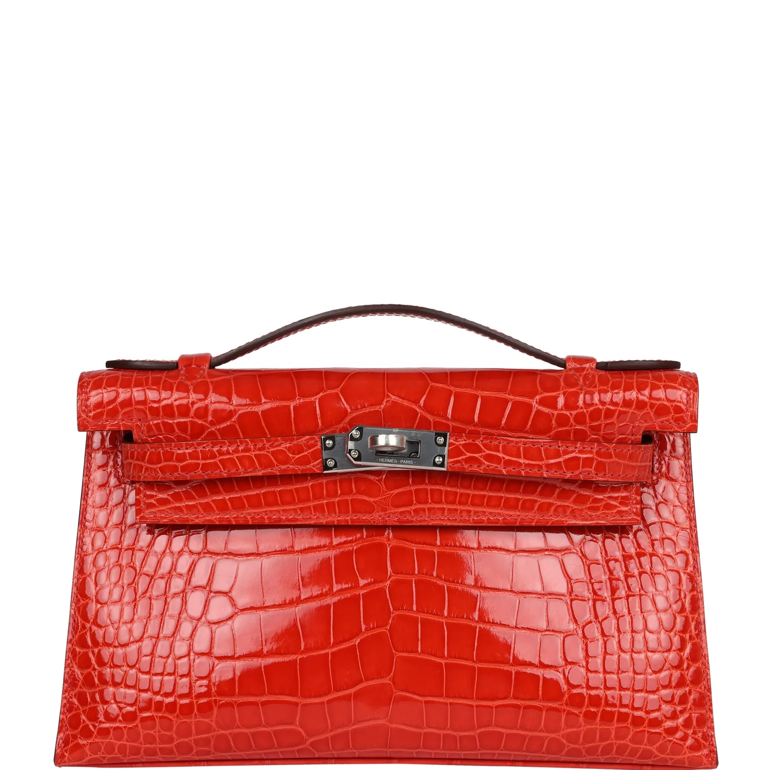 Hermes Kelly Pochette Orange Poppy Shiny Alligator Palladium Hardware