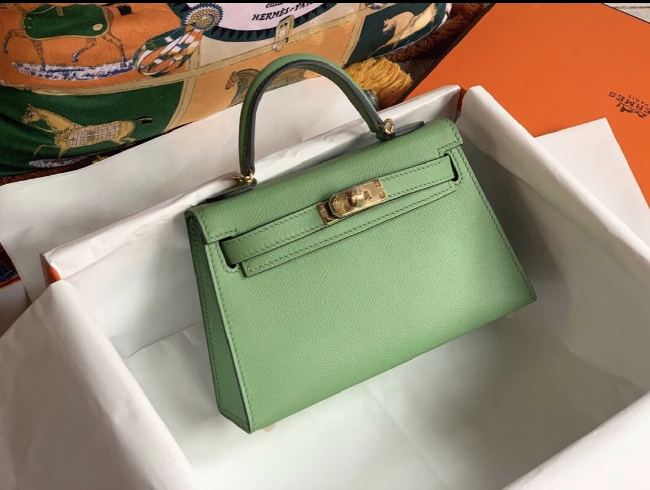 Mini Kelly 2 Avocado Green Gold Buckle Epsom custom - Artisantouchss