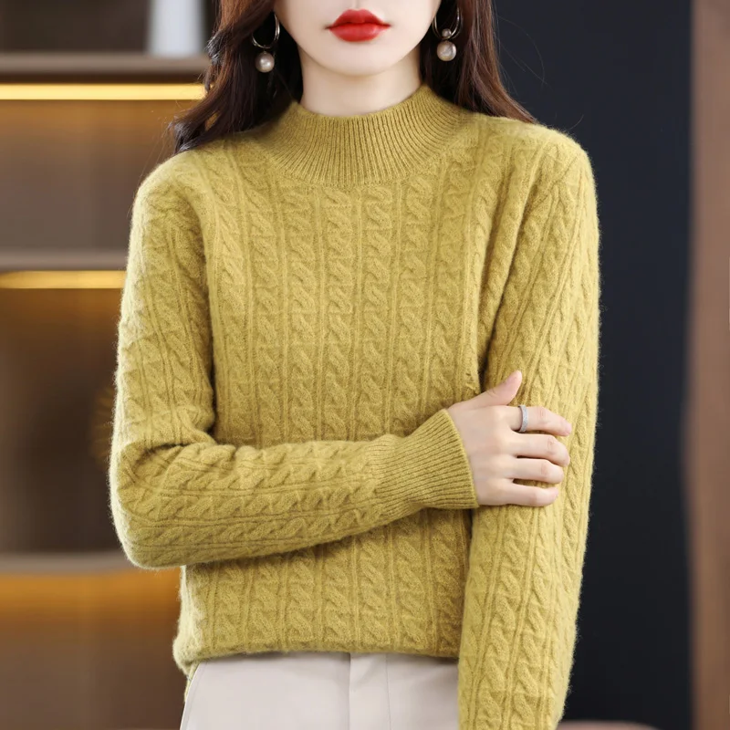 Autumn Winter Women Wool Sweater Half-high Collar Twisted Knitted Pullover Thickened Cashmere Casual Knitwear Top