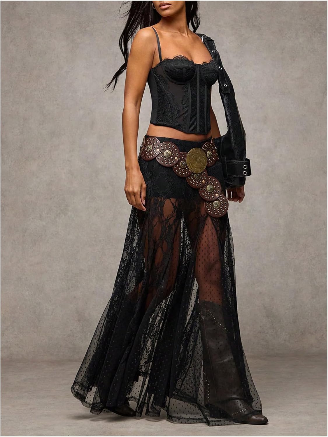 WDIRARA Women's Sexy See Through Sheer Lace Maxi Skirt Low Waist Ruffle Hem A Line Flowy Skirt