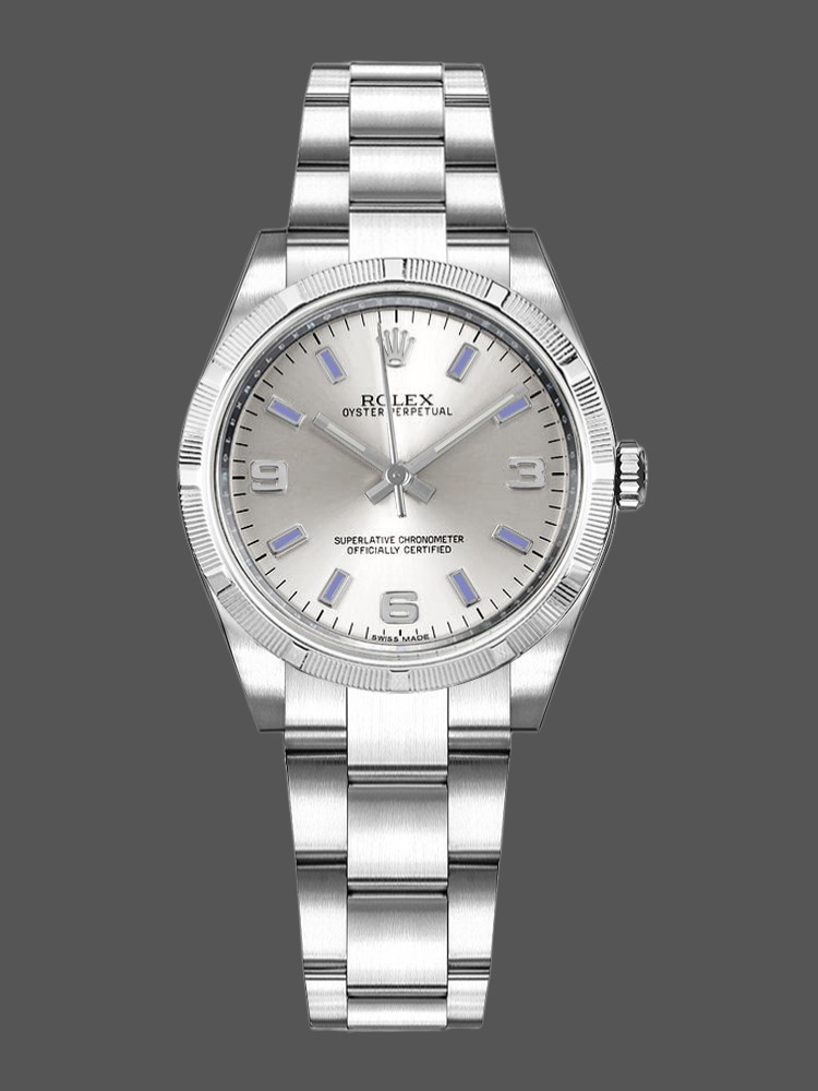Rolex Oyster Perpetual 177210 Silver Dial Blue Hour Markers 31mm Lady Replica Watch