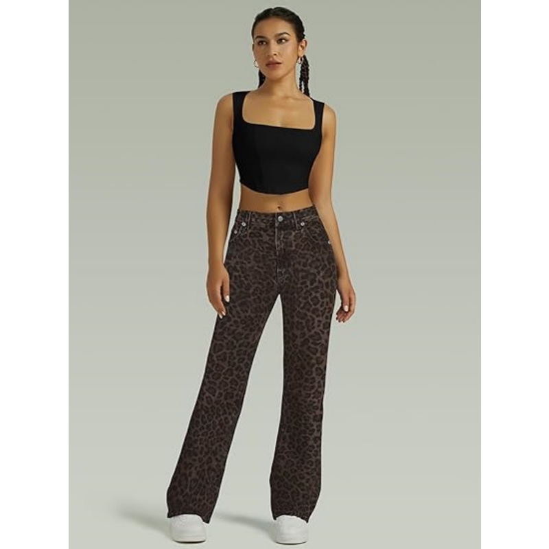 Women's High Waisted Microelastic Straight Leg Jeans, Loose Wide Leg Boyfriend Denim Pants