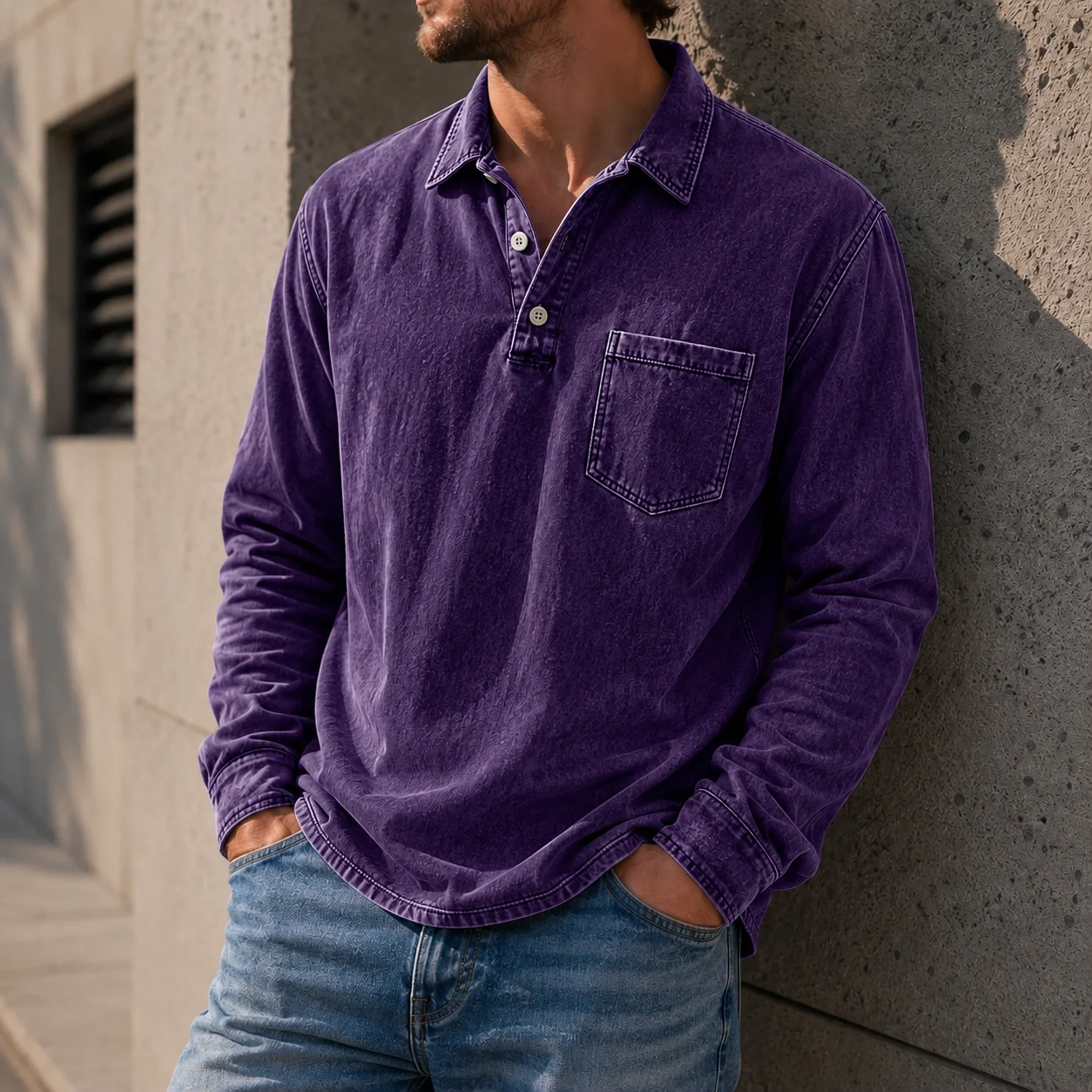 Mivanity Men's Vintage Distressed Lapel Pocket Casual Long-sleeved Polo Shirt