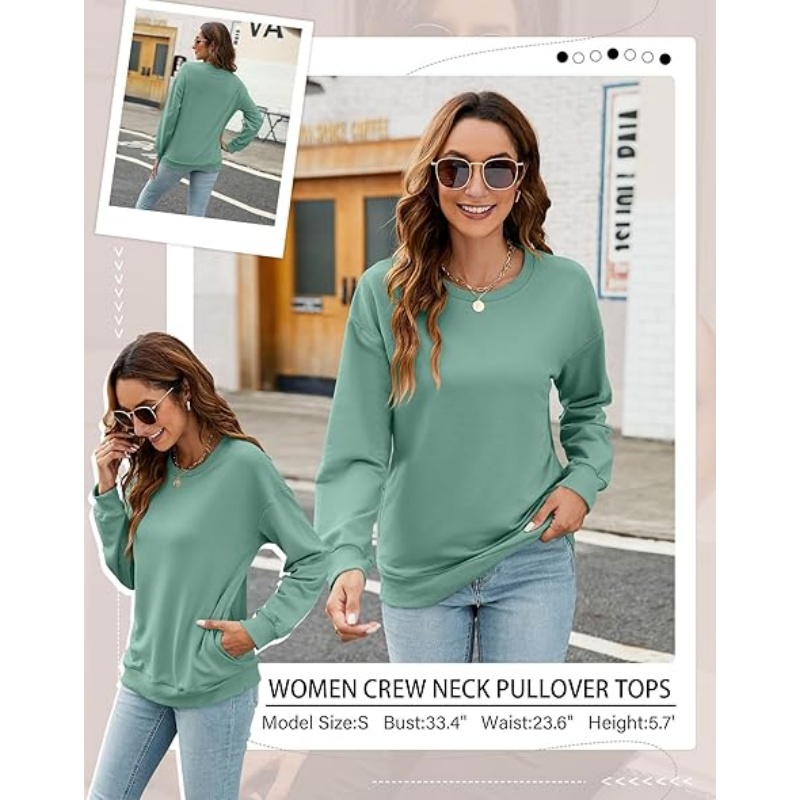 Women's Crewneck Sweatshirt, Cotton Blend Loose Fit Pullover with Side Pockets