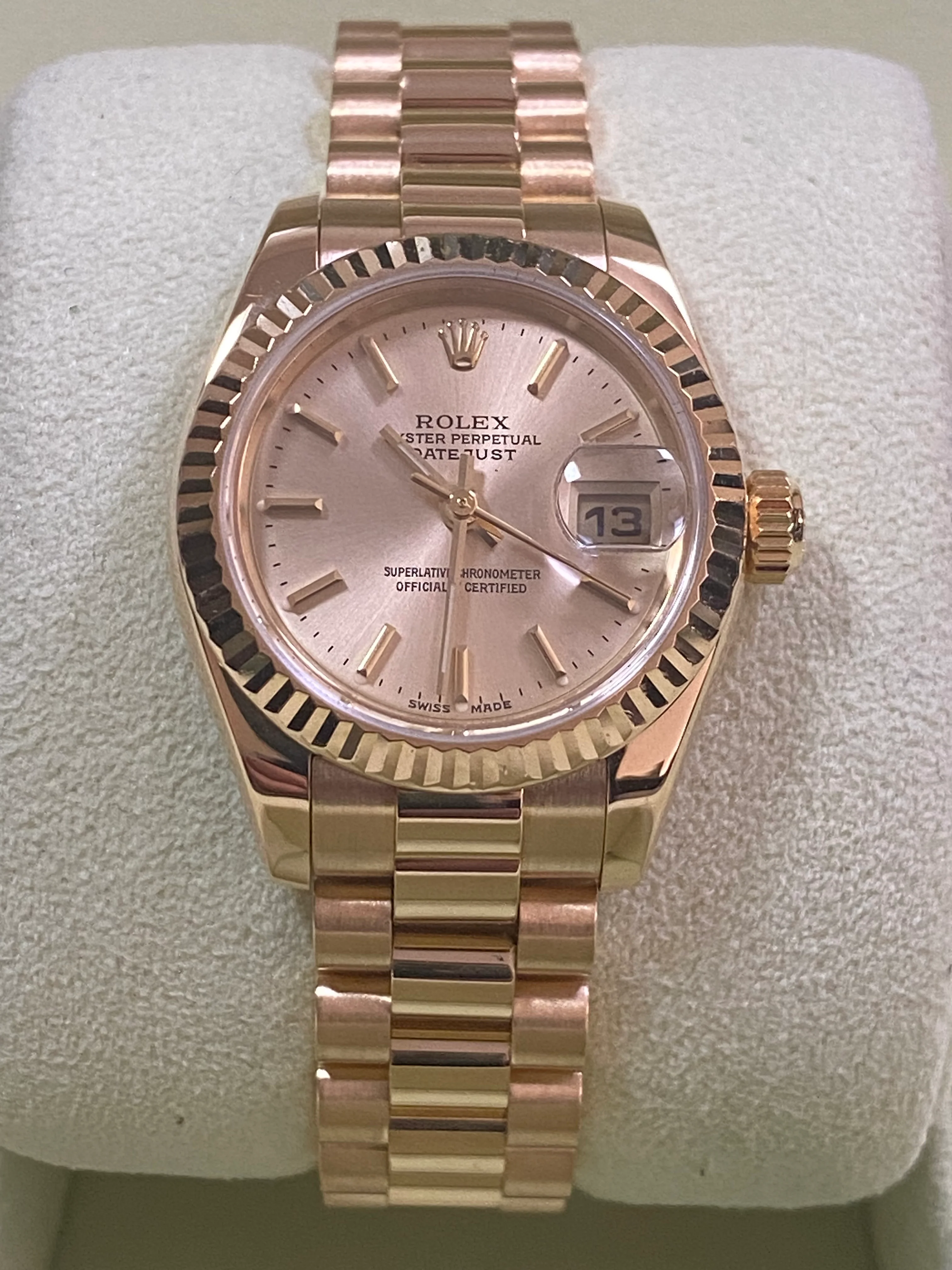 Rolex Yellow Gold Lady-Datejust - Y Serial - Fluted Bezel - Champagne Index Dial - President Bracelet - 179178