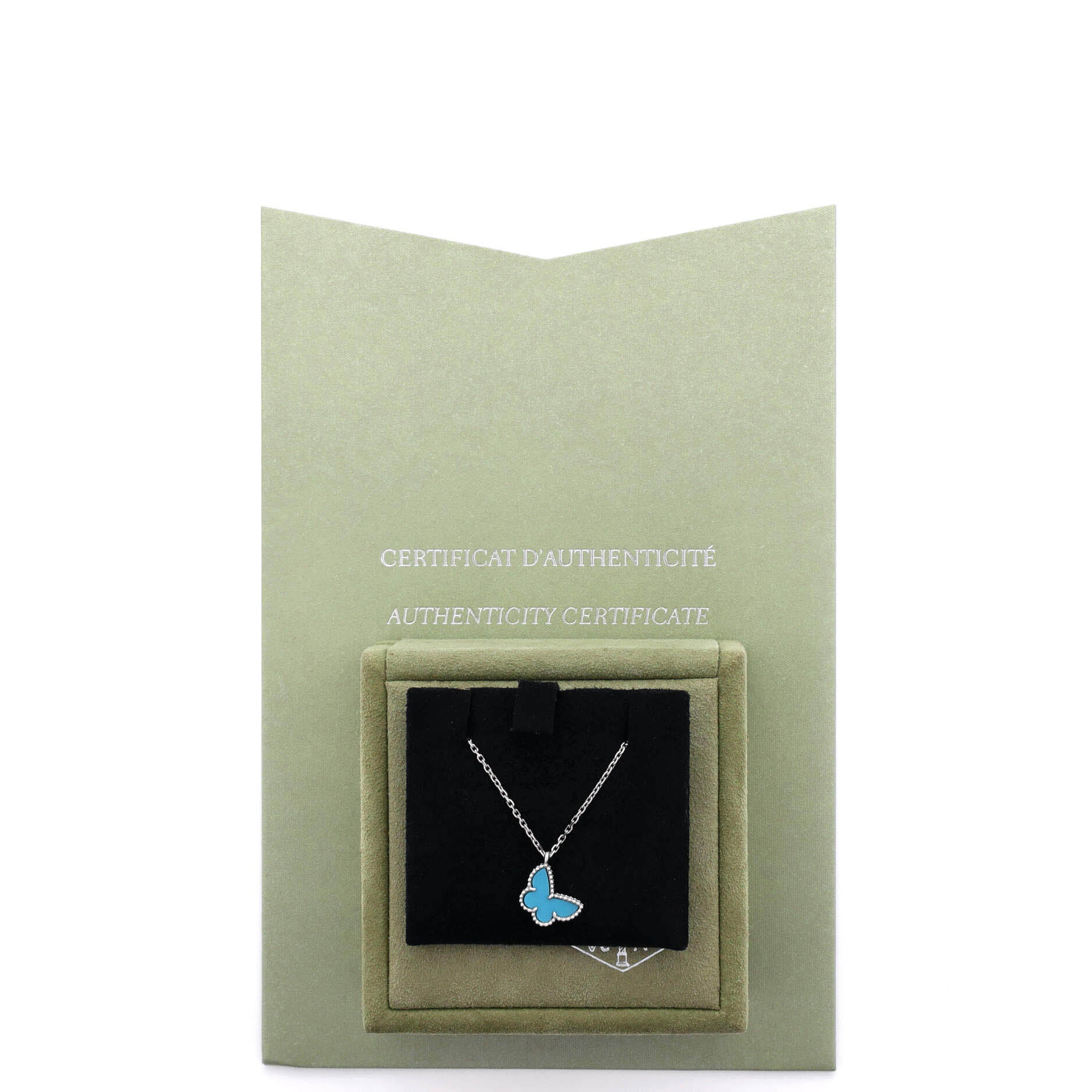 Sweet Alhambra Butterfly Pendant Necklace 18K White Gold with Turquoise