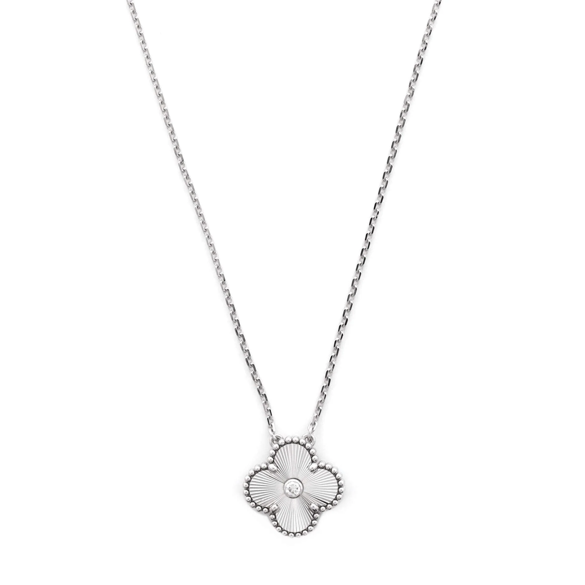 Vintage Alhambra Pendant Necklace Guilloche 18K White Gold with Diamond