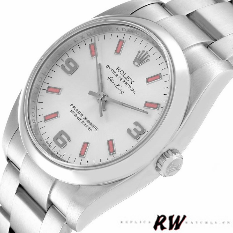 Rolex Oyster Perpetual Air-King 114200 Silver Dial Pink Baton 34mm Unisex replica watch
