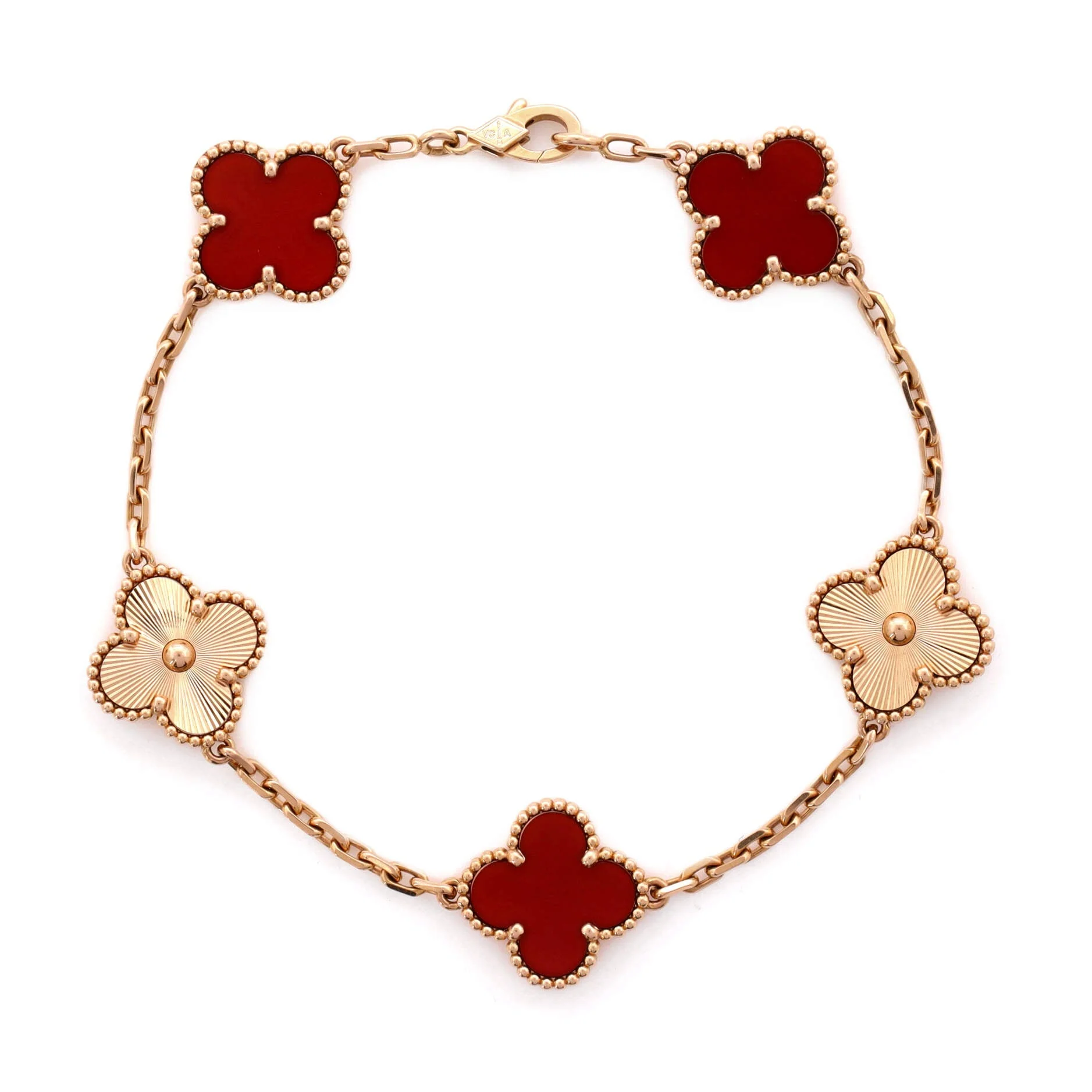 Vintage Alhambra 5 Motifs Bracelet Guilloche 18K Rose Gold and Carnelian