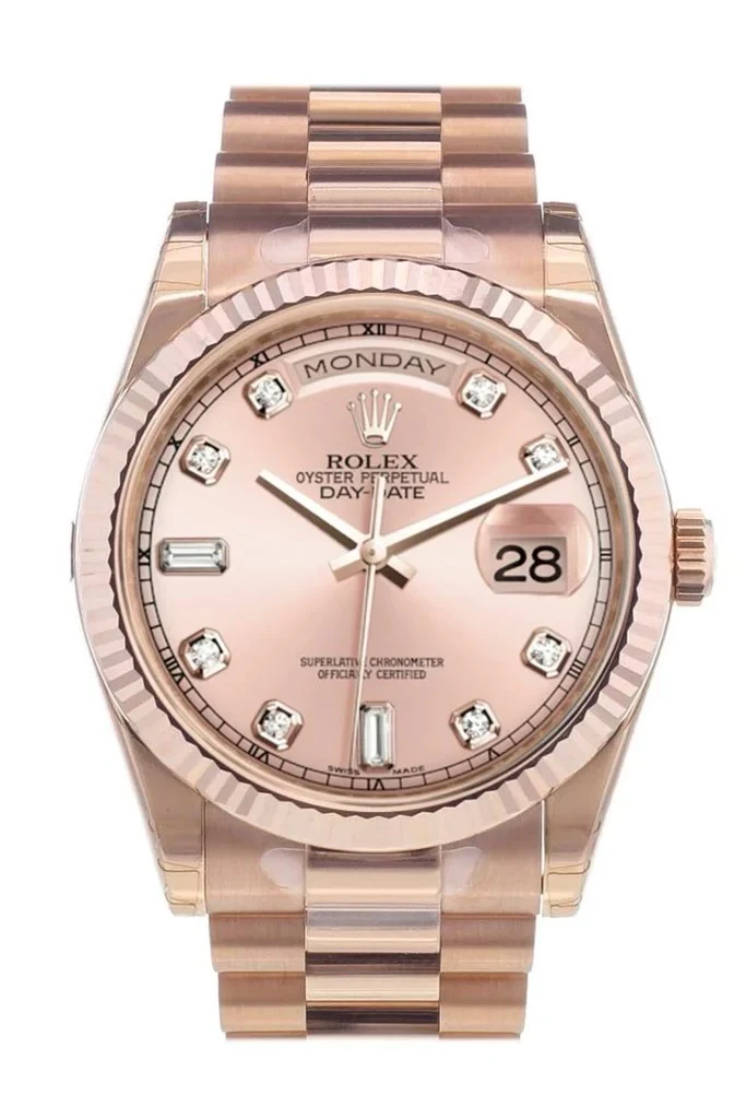 Rolex Pink Gold Day-Date 36 Watch - Fluted Bezel - Pink Champagne Diamond Dial - President Bracelet - 118235 chdp