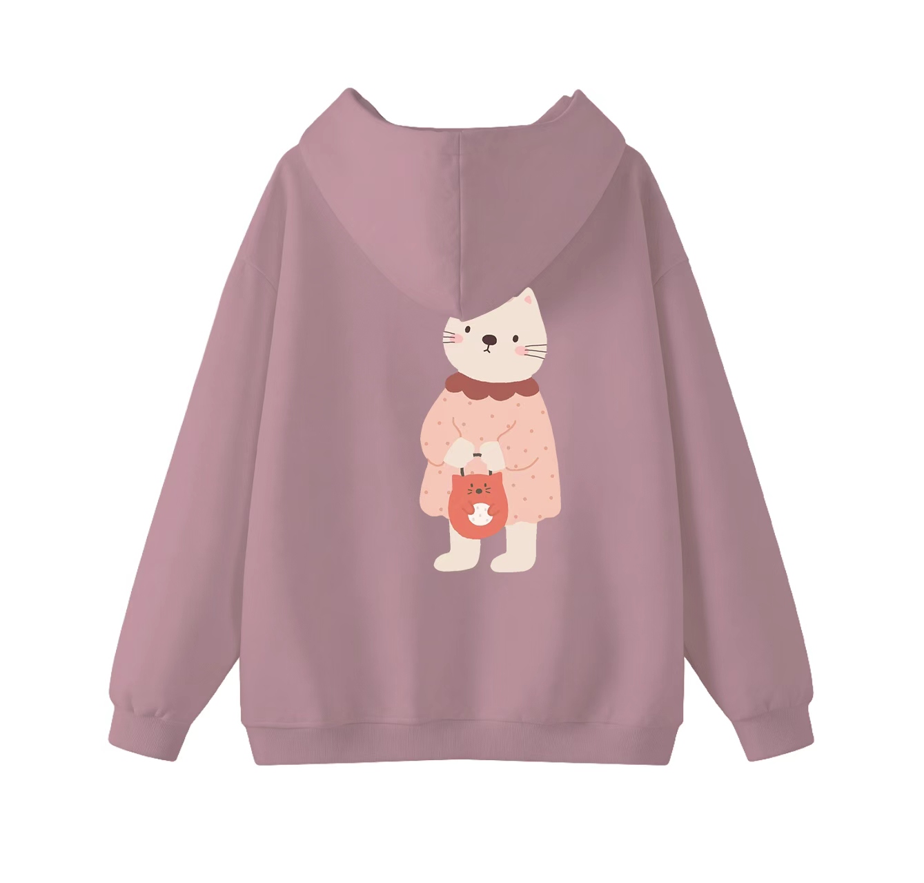 This adorable hooded sweatshirt features a print of a cat carrying a bag and is a casual pullover. Its stand-up collar design also makes it an ideal choice for winter wear.