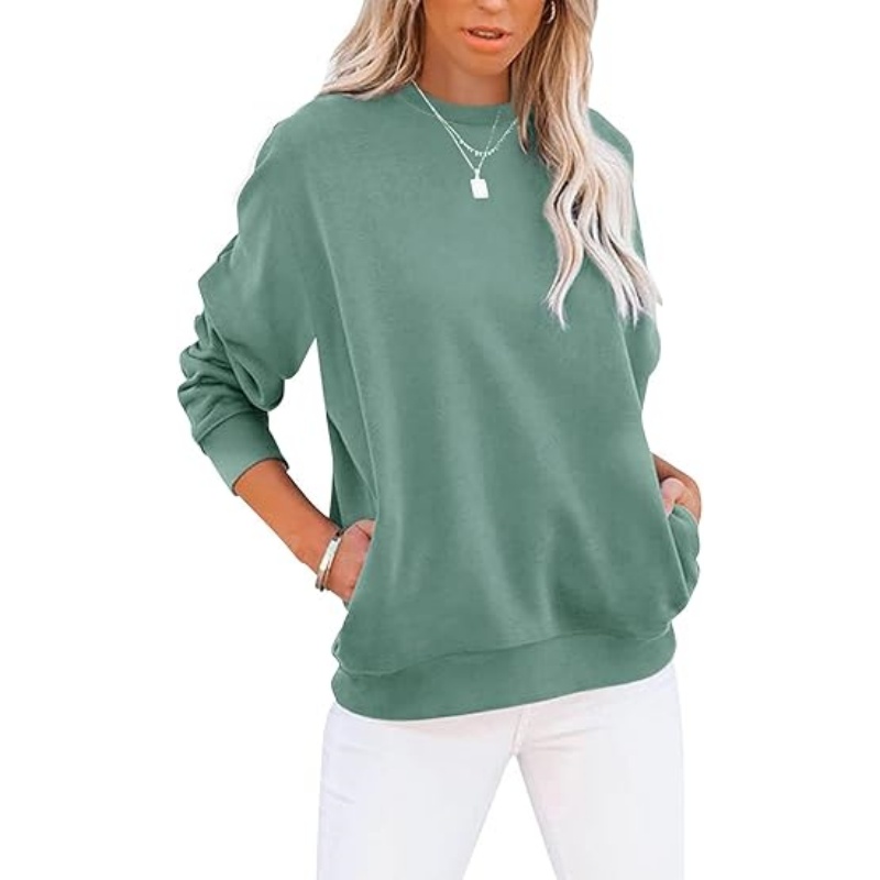 Women's Crewneck Sweatshirt, Cotton Blend Loose Fit Pullover with Side Pockets