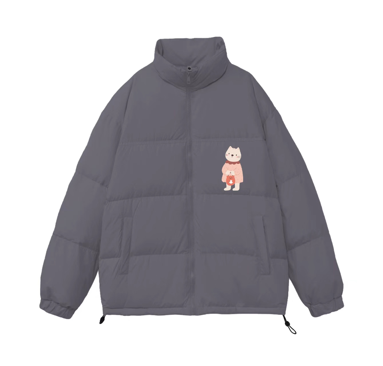 This down jacket, featuring a cat carrying a bag, is a must-have for your summer wardrobe. Its stand-up collar also makes it perfect for winter wear.