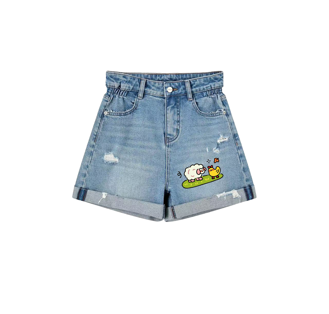 Denim shorts featuring cute little lamb and chick patterns—an essential item for your summer wardrobe.