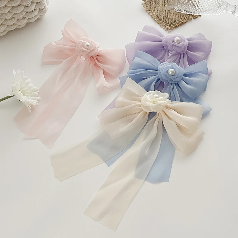 Rose Pearl Bow Hairpin for Women Long Bownot Ribbon Hair Clip Barrettes Ponytail Headband Girls Hairpin Hair Accessories