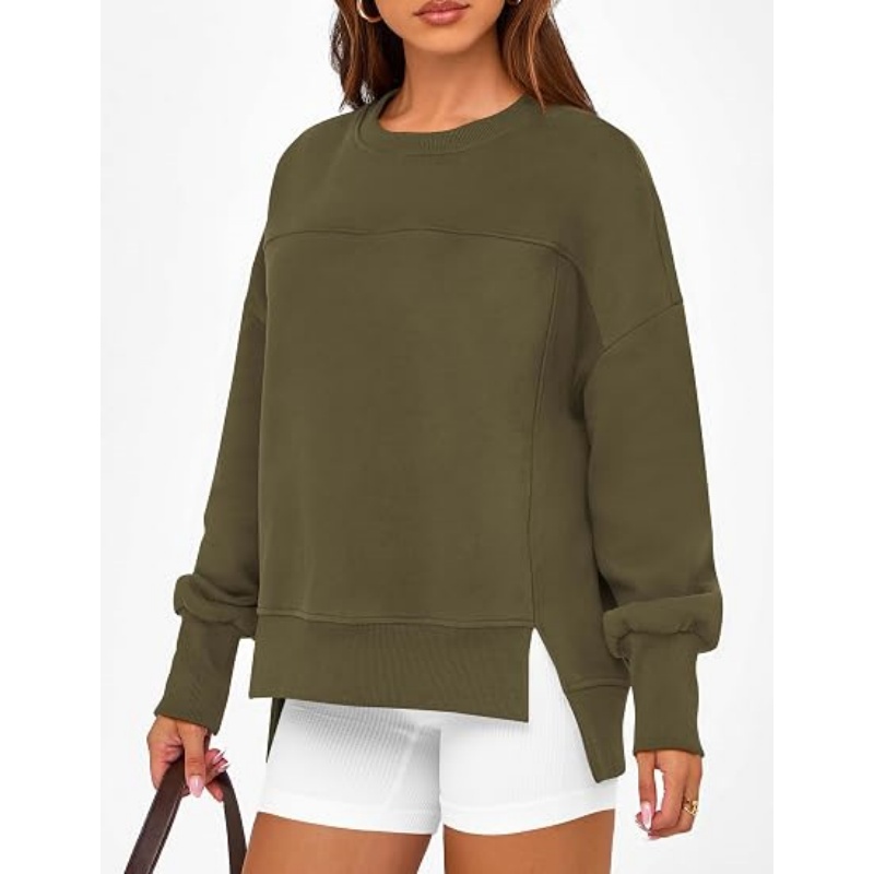 Women's Crewneck Sweatshirt, Fleece Long Sleeve Side Slit Pullover
