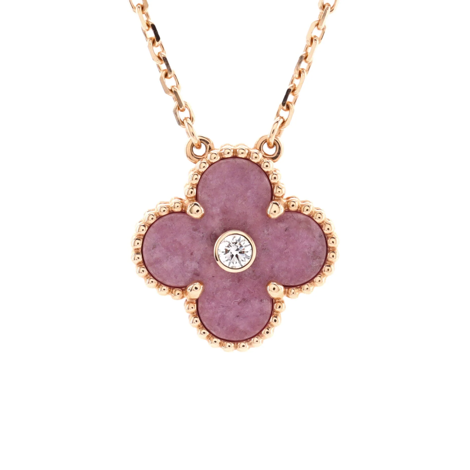Vintage Alhambra Pendant Necklace 18K Rose Gold and Rhodonite with Diamond