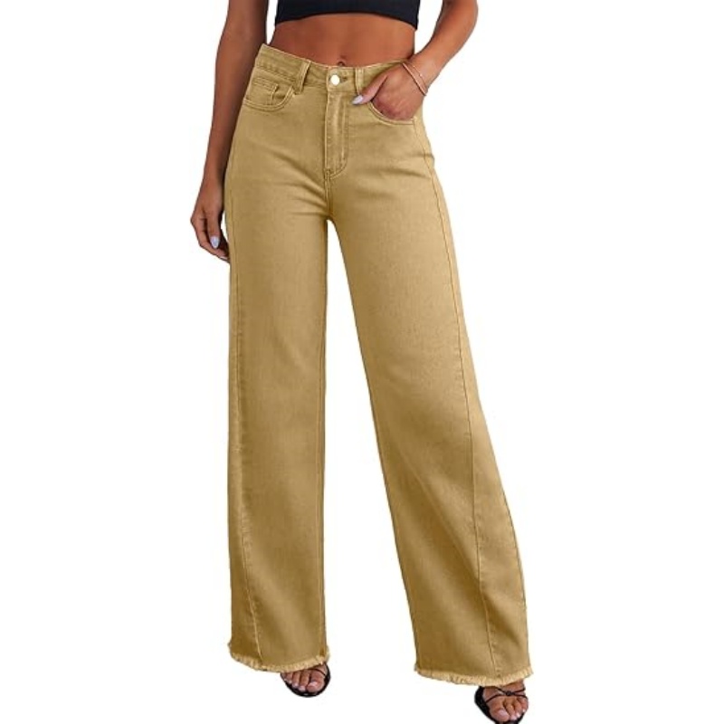 Women's High Waisted Stretchy Wide Leg Raw Hem Denim Jeans