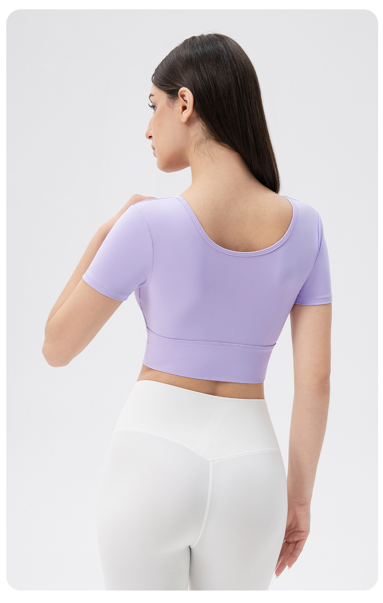 Women's yoga short-sleeved V-neck sexy tight-fitting sports T-shirt with bra pads, short style for fitness, running, training, quick-drying.