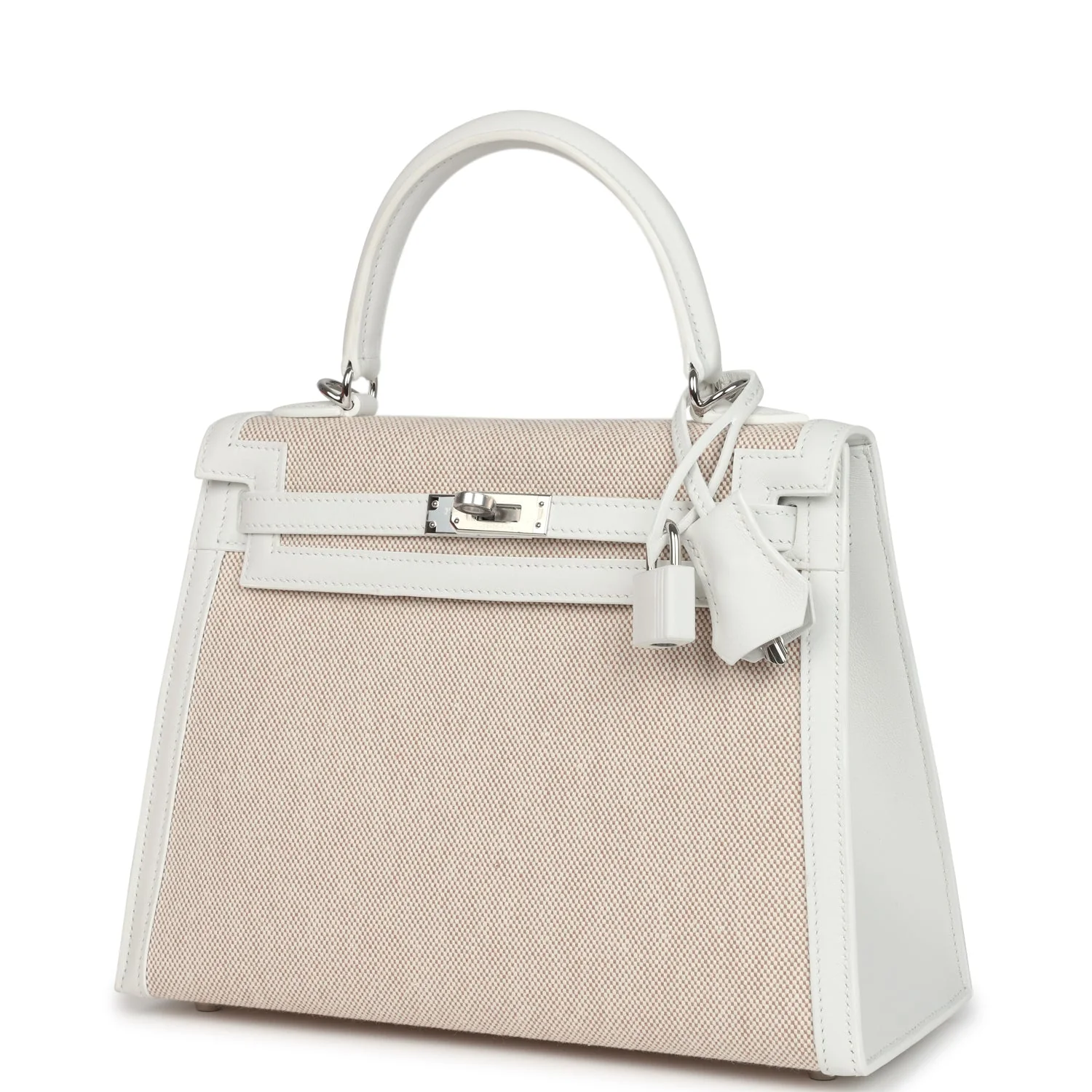 Hermes Kelly Sellier 25 New White Swift and Ecru-Beige Toile H Canvas Palladium Hardware