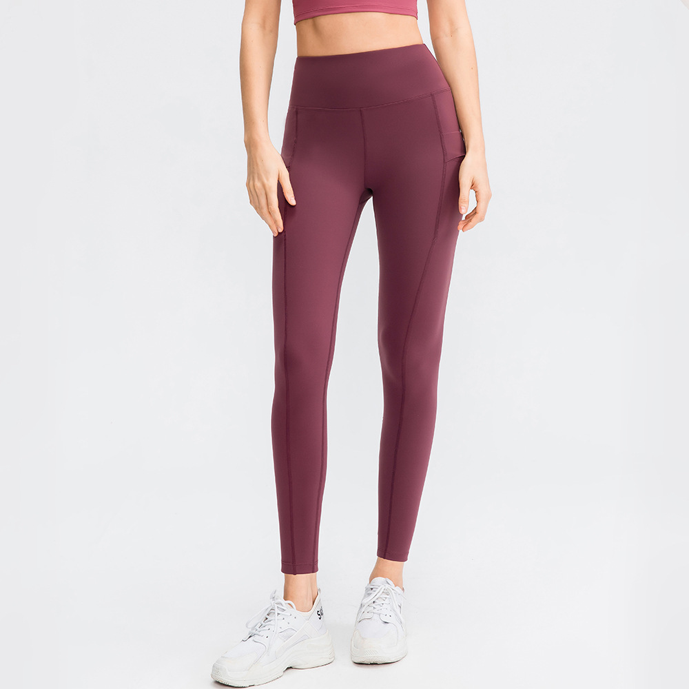 Double-sided brushed feel yoga pants with pockets, women's high-waisted, hip-lifting fitness pants, tight-fitting sports pants.