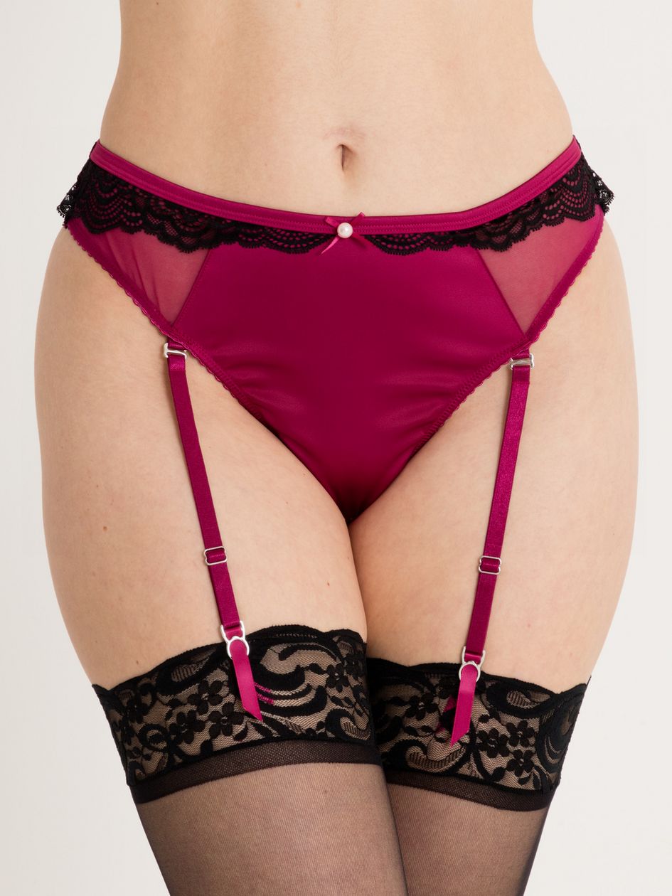 Lovehoney Satin Romance Purple High-Waisted Crotchless Suspender Thong
