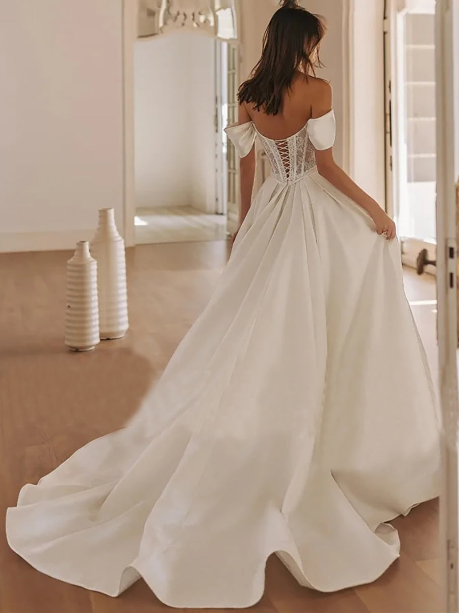 Off-the-Shoulder Corset Wedding Dress with Cathedral Train MSW079