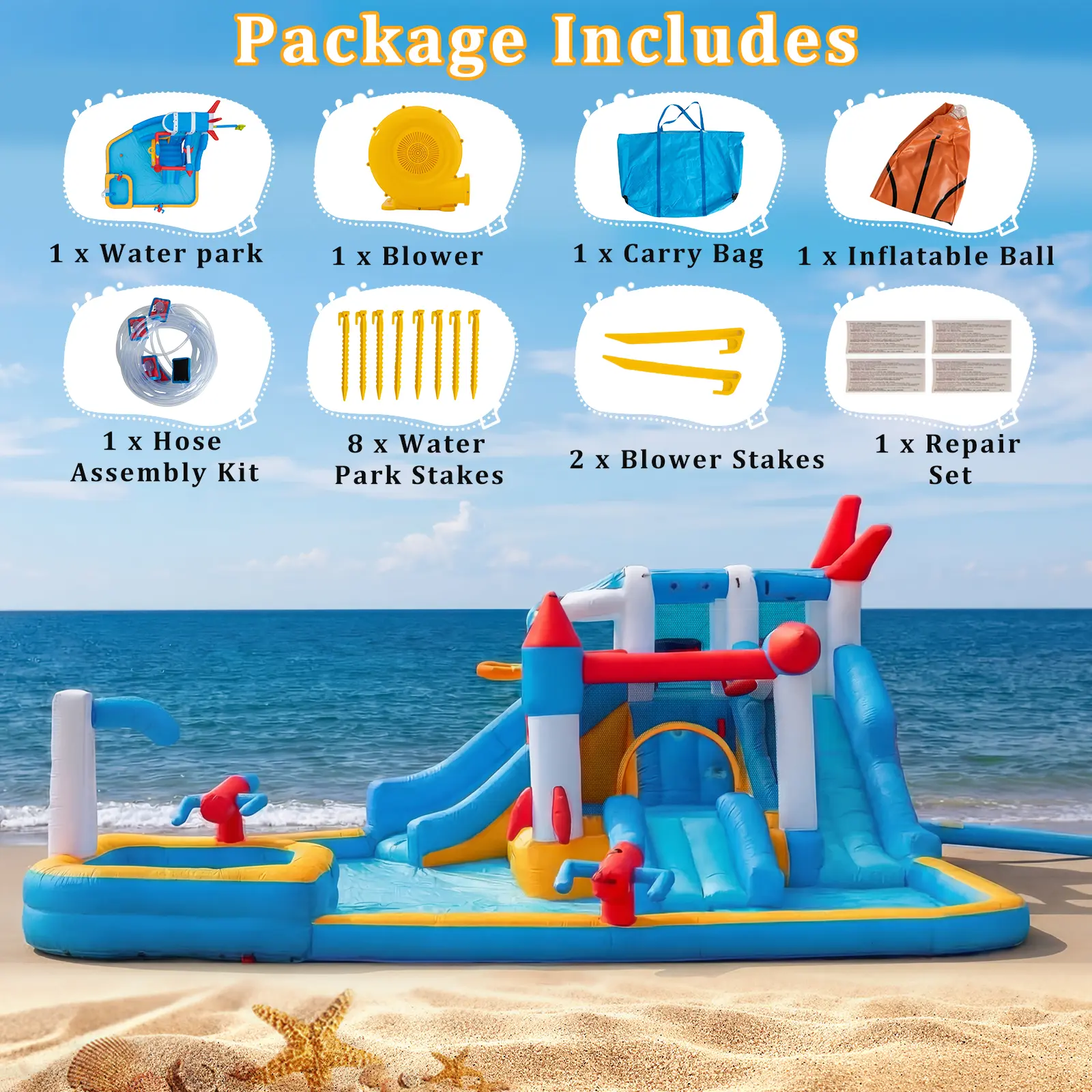 🔥Summer Deal🔥 Inflatable Water Slide Park with Splash Pool & Water Cannons