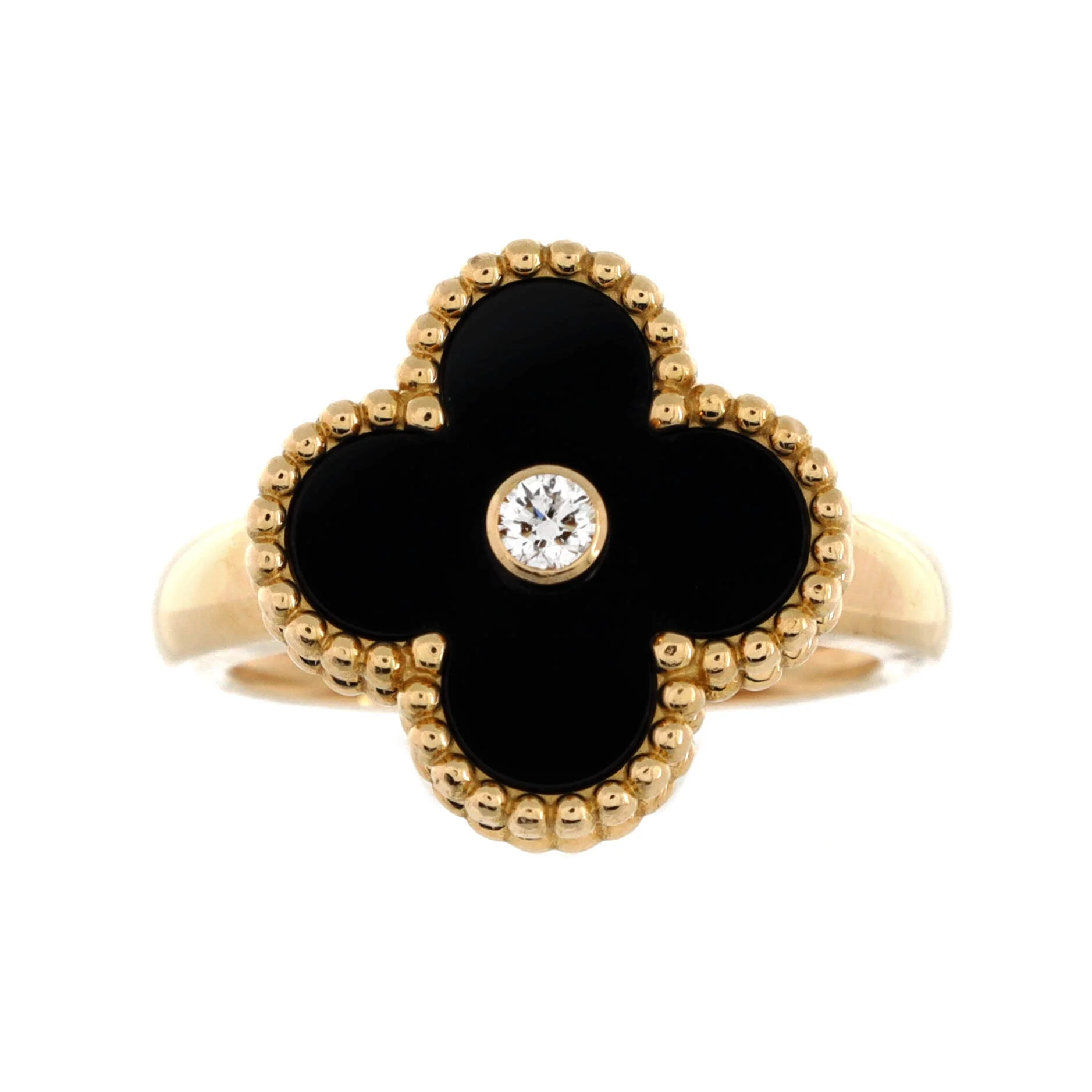 Vintage Alhambra Ring 18K Yellow Gold with Onyx and Diamond