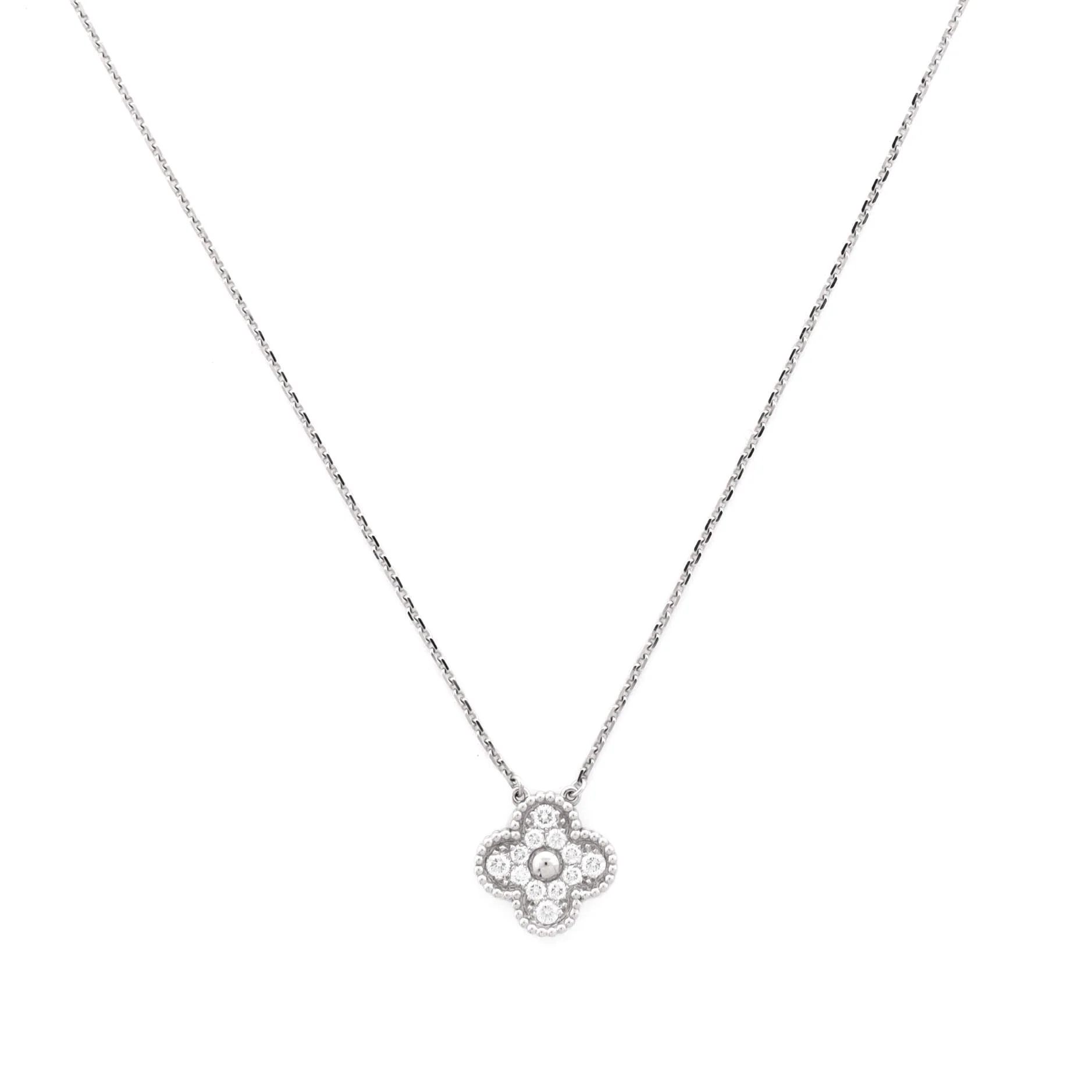 Vintage Alhambra Pendant Necklace 18K White Gold and Diamonds