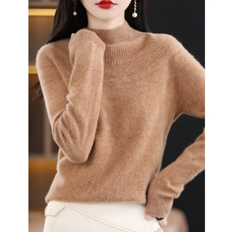 Pure Wool Sweater Women First Line Seamless Half-high Collar Hollow Pullover Autumn Winter Basis Casual Cashmere Knit Top