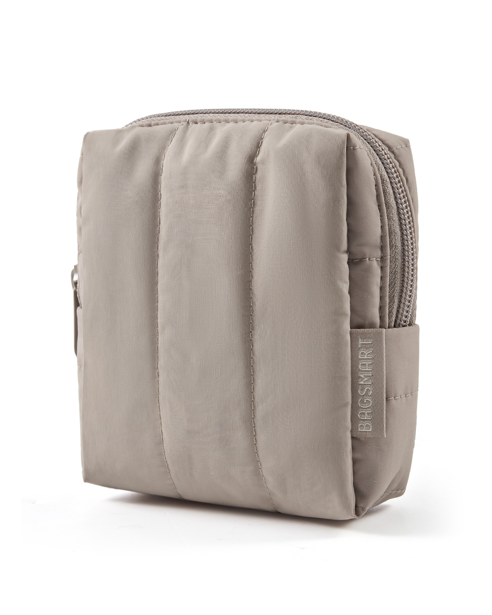 BAGSMART Small Travel Makeup Bag for Purse Toiletry Pouch, Puffy Padded Mini Cosmetics Bag, Cute Make Up Pouch for Women with Slip-in Pocket, Travel Essentials for Toiletries, Camel