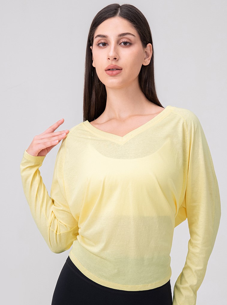 Loose-fitting yoga long-sleeved cover-up top for women, strappy sports running top, solid color hollow-out fitness t-shirt