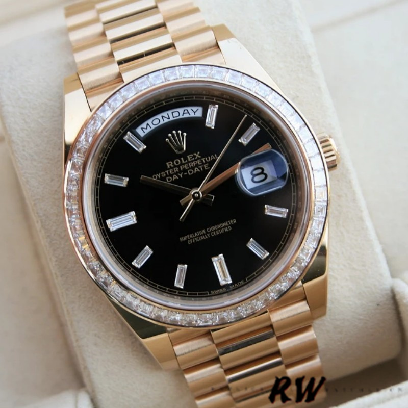 Rolex Day-Date 228398TBR Black Diamond Dial Diamond Bezel 40mm Mens Replica Watch