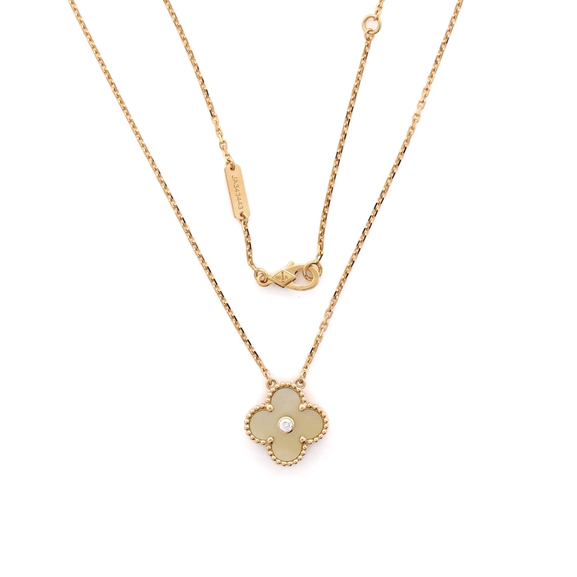 Vintage Alhambra Pendant Necklace 18K Yellow Gold and Gold Mother of Pearl with Diamond