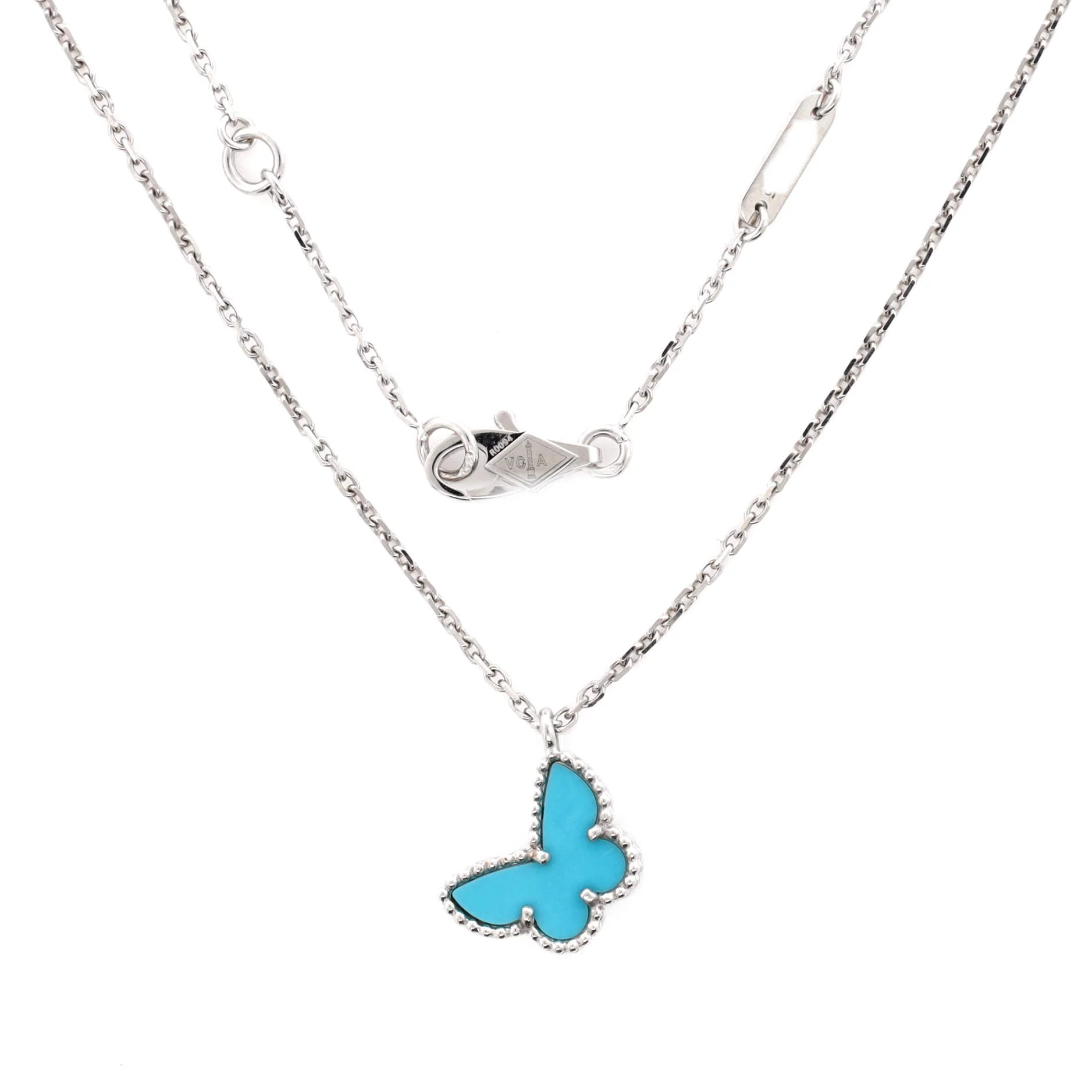 Sweet Alhambra Butterfly Pendant Necklace 18K White Gold with Turquoise
