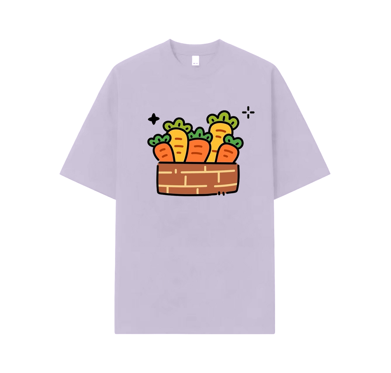 A cute short-sleeved shirt with a pattern of a basket of spring carrots is a must-have item in your summer wardrobe.