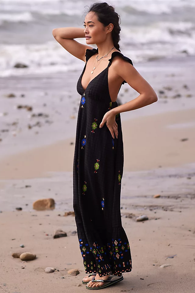 V-Neck Embroidered Dress BLACK