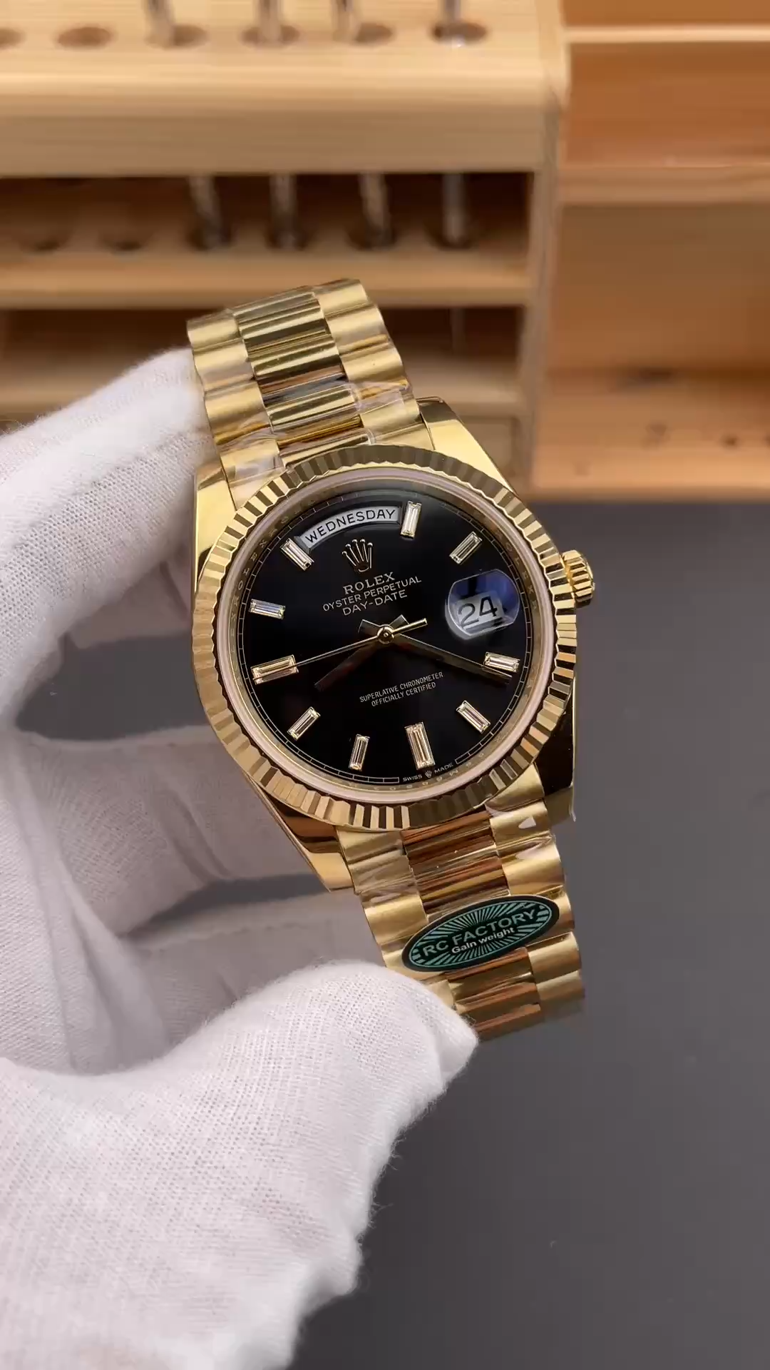 Rolex Day-Date 228238 0004 Black Diamond Dial Fluted Bezel 40mm Mens Replica Watch