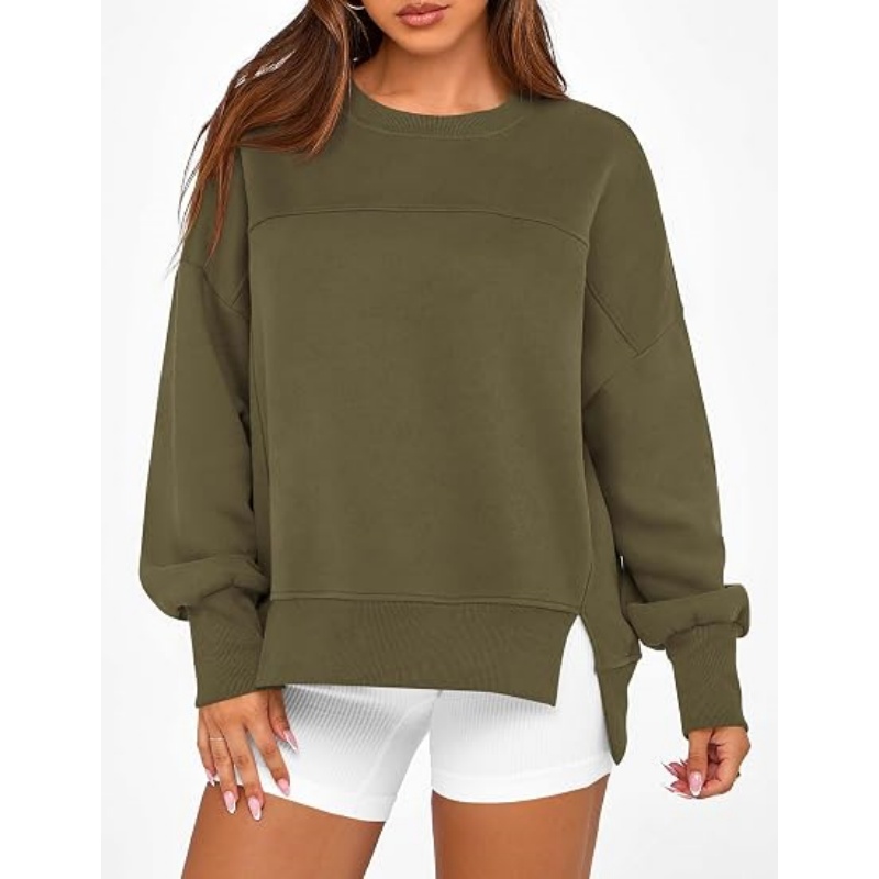 Women's Crewneck Sweatshirt, Fleece Long Sleeve Side Slit Pullover