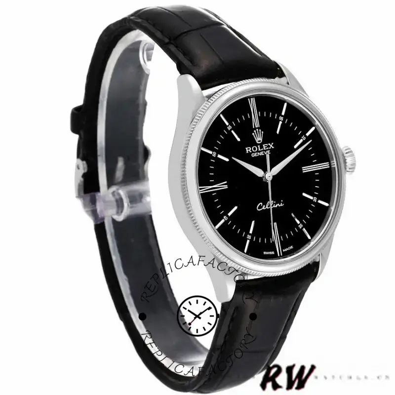 Rolex Cellini Time 50509 Black Leather Strap Black Dial 39mm Mens Replica Watch