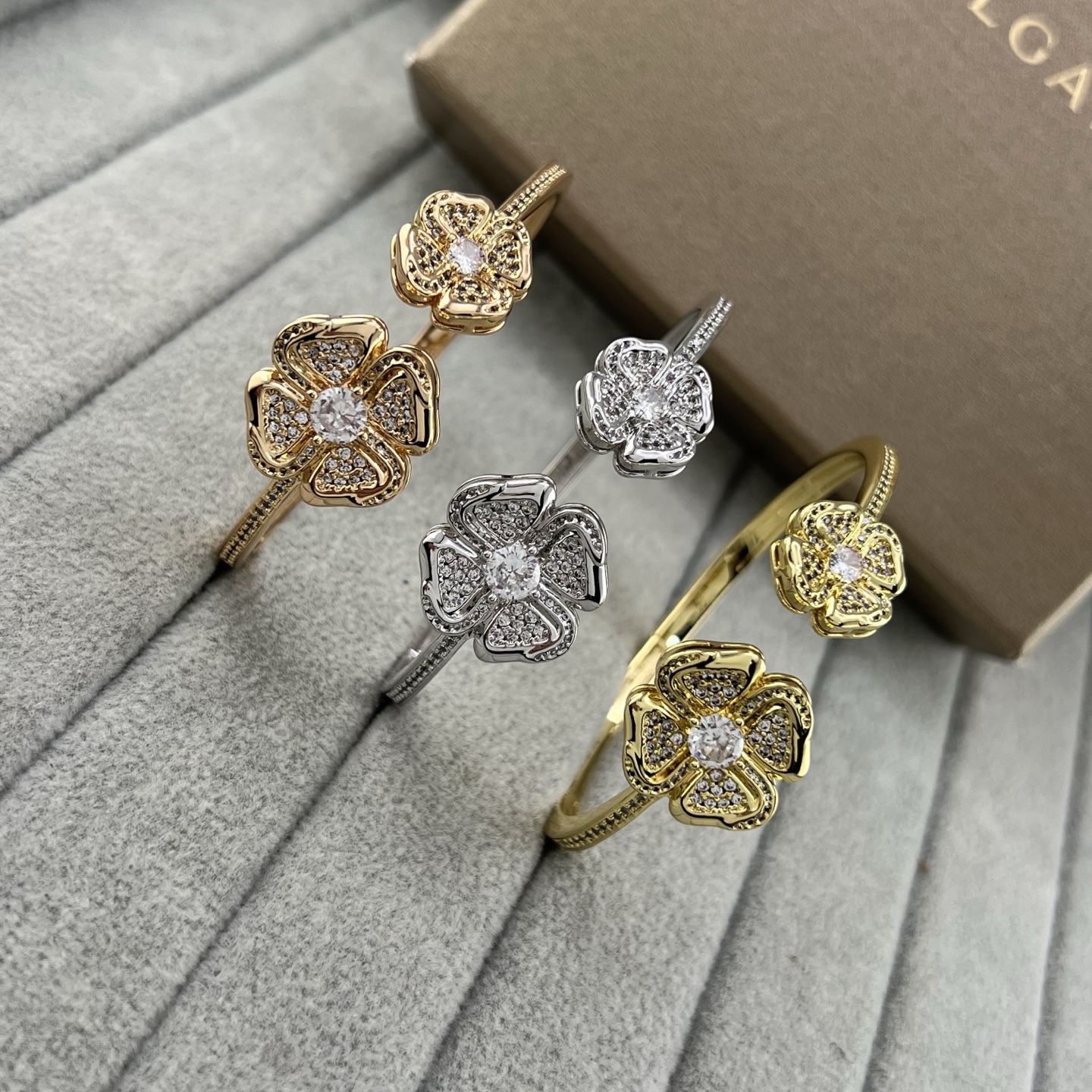 Pavé-set Diamond Open Bangle in a Triangular Plum Blossom Design - Artisantouchss