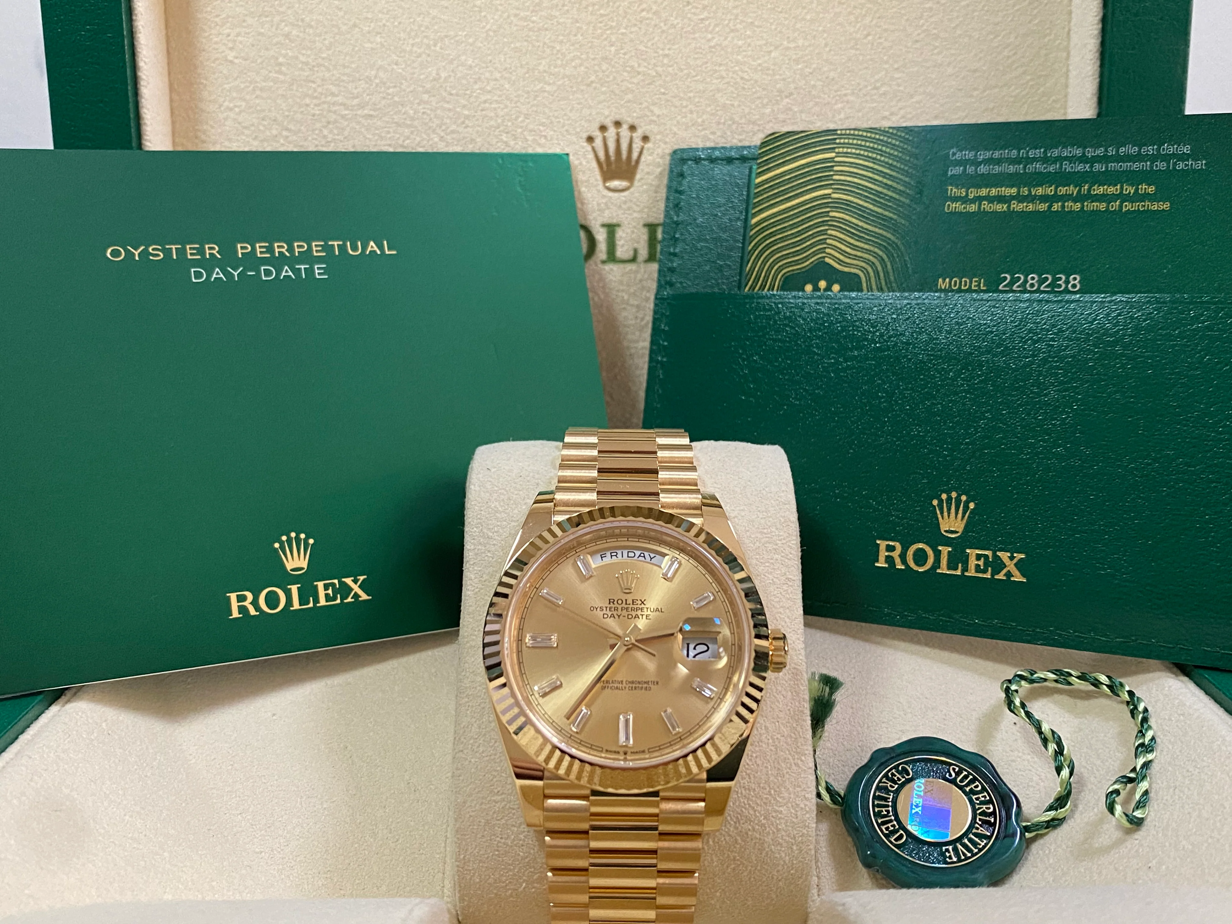 Rolex Yellow Gold Day-Date 40 - 2023 - Fluted Bezel - Baguette Diamond Dial - President Bracelet - 228238