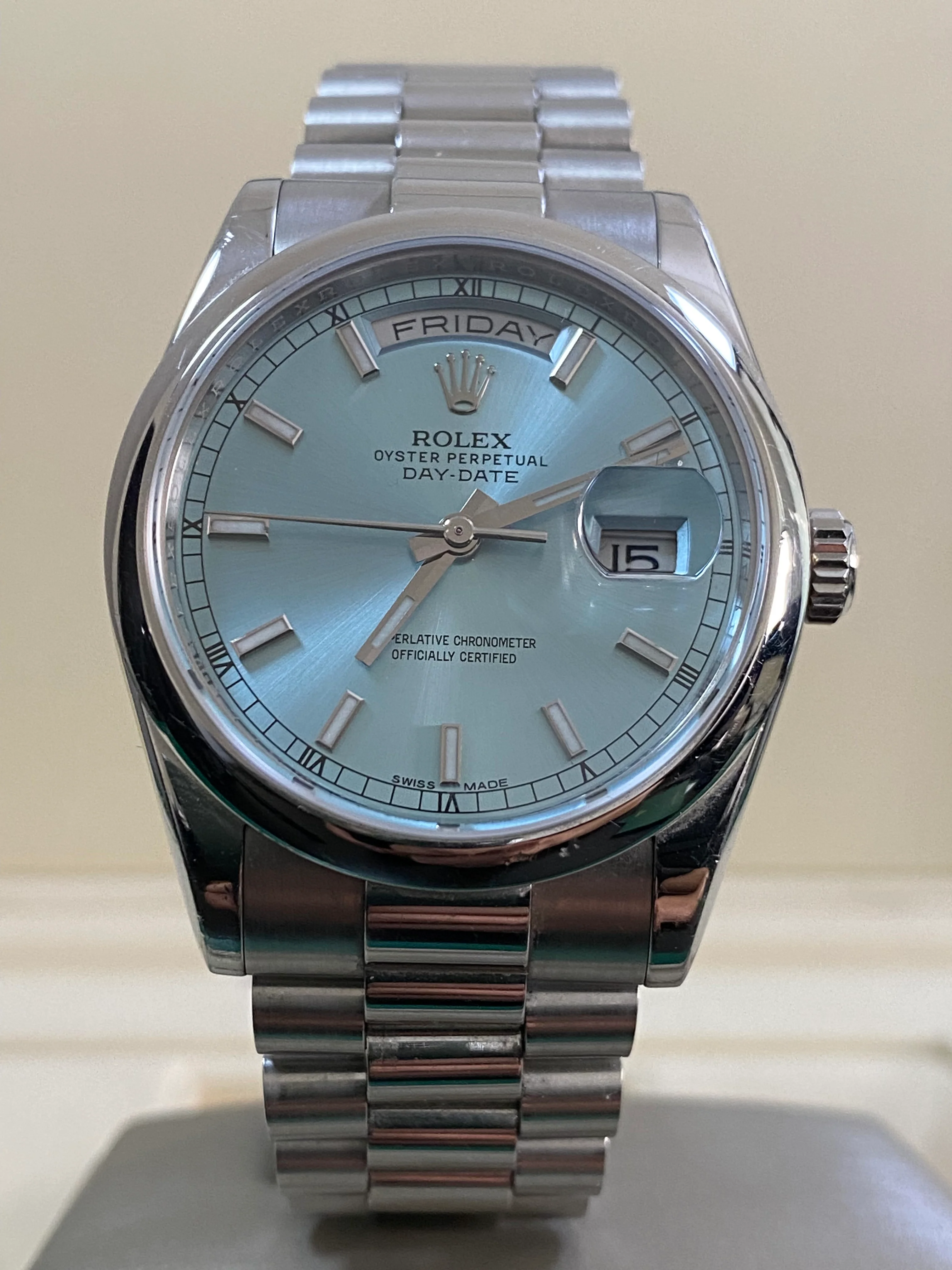 Rolex Platinum Day-Date 36 - 2015 - Domed Bezel - Ice Blue Dial - President Bracelet - 118206 *UNPOLISHED*