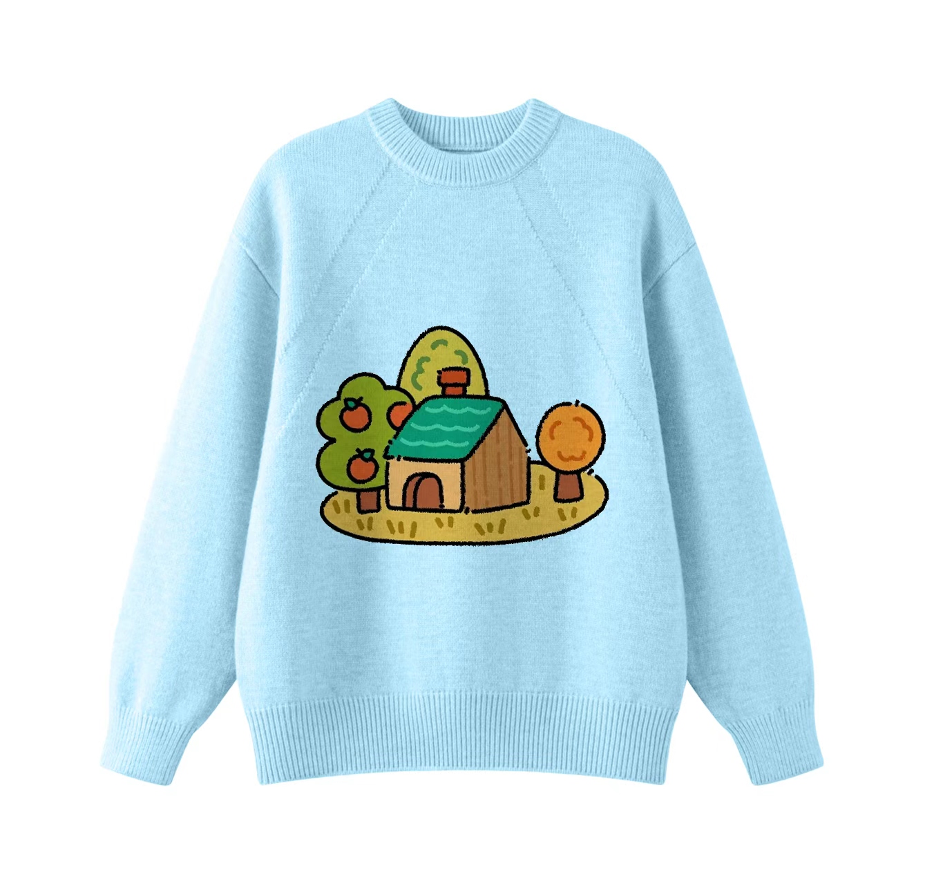 This adorable knit sweater, featuring a pattern of trees surrounding a house and a crew neck pullover design, is an ideal choice for winter wear.
