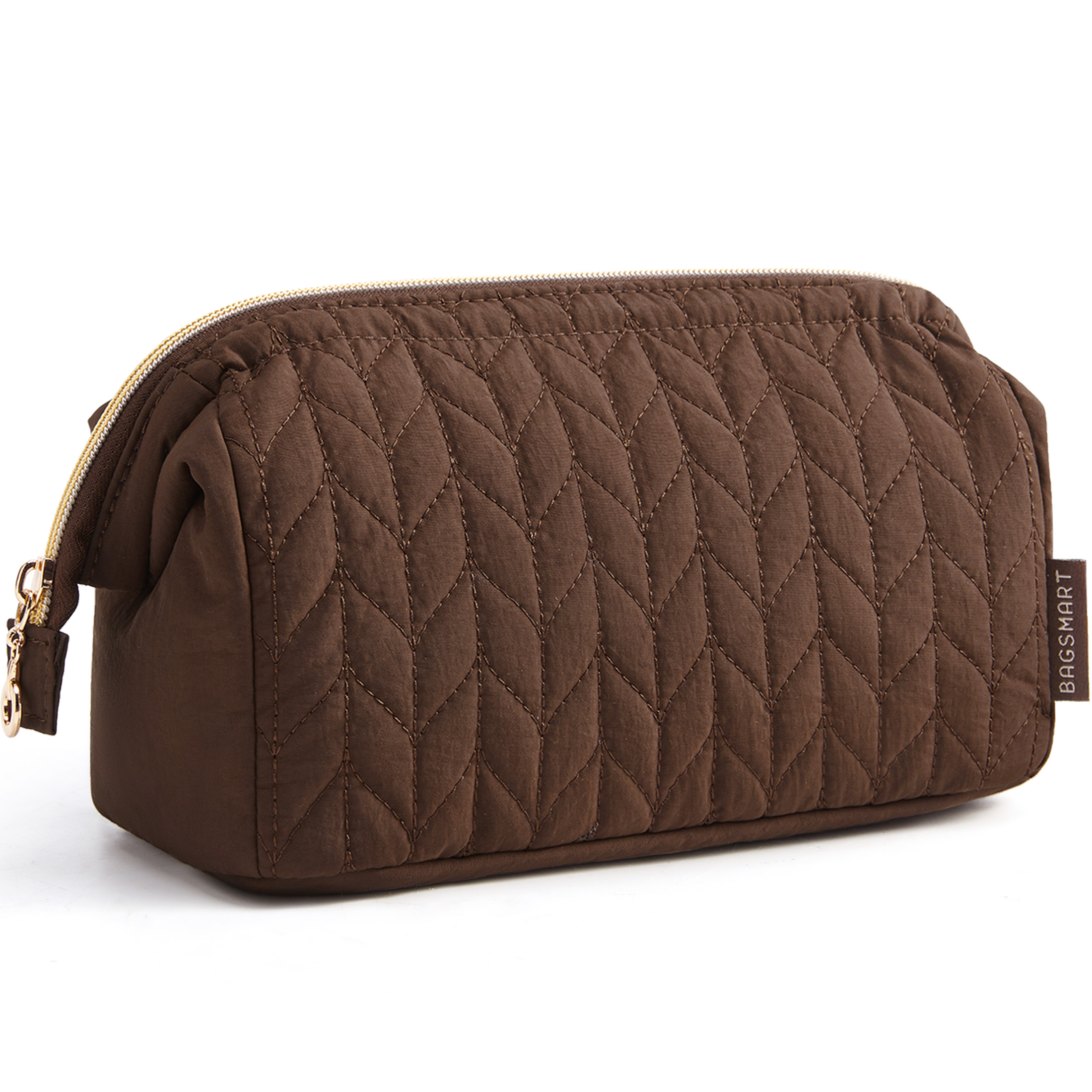 BAGSMART Wide-open Makeup Bag Cosmetic Pouch Organizer Travel Toiletry Bag Essentials Accessories for Women Girls, Leaf Quilted - Coffee