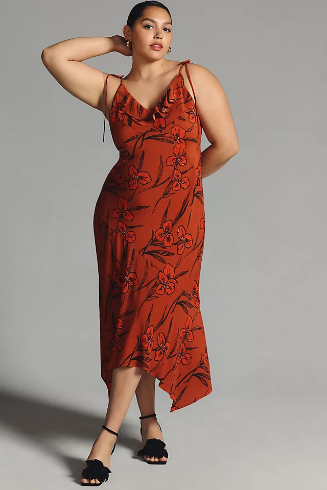 Ruffled V-Neck Slip Dress RED